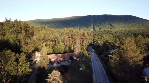 an aerial view of a house in the middle of a forest at Snowdon Chalet Motel in Londonderry