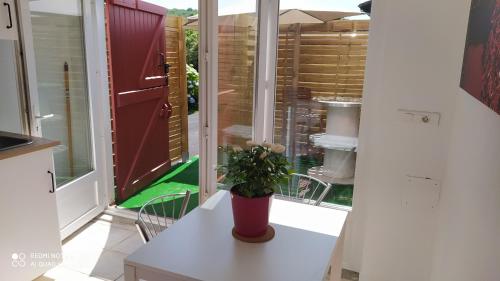 una maceta sentada en una mesa en un balcón en Appartement tout confort au calme avec jacuzzi, en Mouguerre