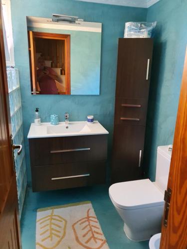 W łazience znajduje się umywalka, toaleta i lustro. w obiekcie Camison y mar w Playa de las Americas