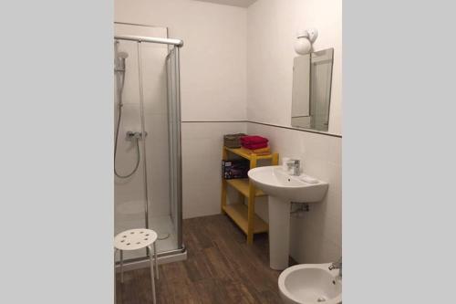 a bathroom with a shower and a sink and a toilet at Aubert 64 in Aosta