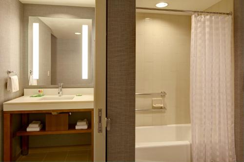 a bathroom with a sink and a tub and a mirror at Hyatt Place Orlando Airport in Orlando