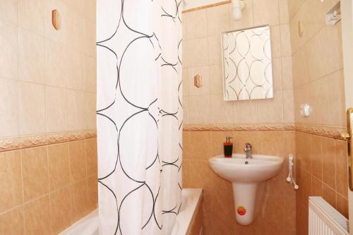 a bathroom with a sink and a shower curtain at Old Town Home Prague in Prague