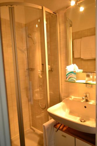 a bathroom with a shower and a sink at Hotel Les Rives Du Doubs in Les Brenets