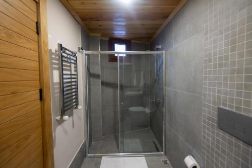 a shower with a glass door in a bathroom at Ayder Koru Hotel in Ayder Yaylasi