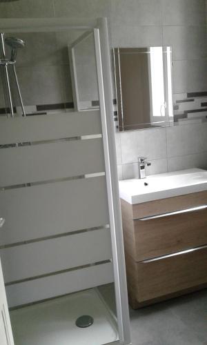 La salle de bains est pourvue d'un lavabo et d'un miroir. dans l'établissement Le Lutice, à Aunay-sur-Odon