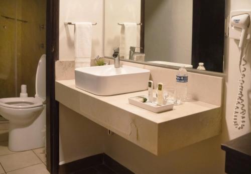 a bathroom with a sink and a toilet and a mirror at Hotel Casa Faroles Centro Histórico in Zacatecas