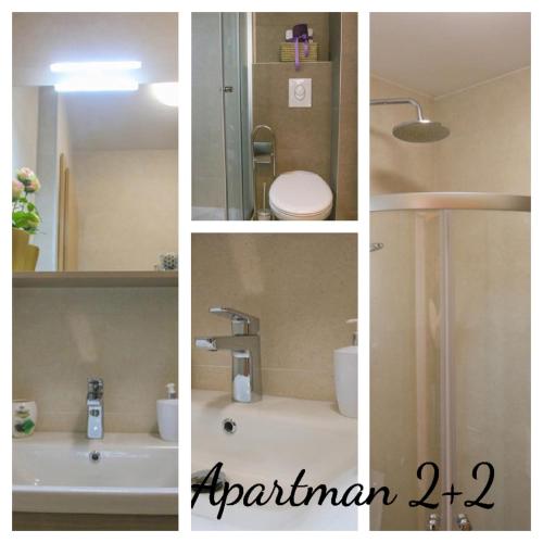 four pictures of a bathroom with a toilet and a sink at Villa Natasha in Makarska