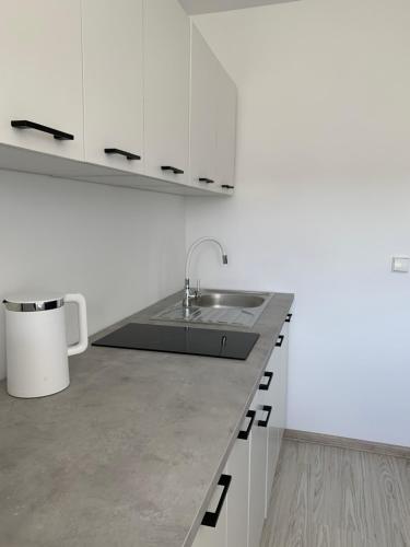 eine Küche mit einem Waschbecken und weißen Schränken in der Unterkunft Apartment in Palanga in Palanga