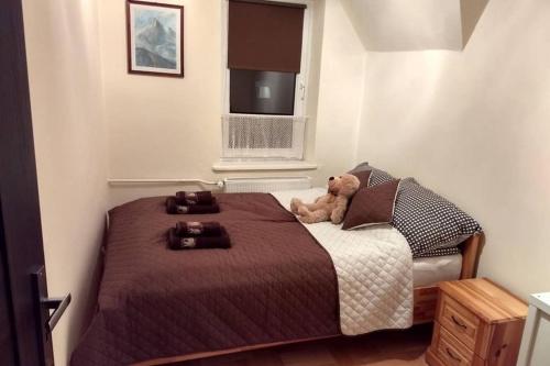 - un ours en peluche assis sur un lit dans une chambre dans l'établissement Apartament White Biały Dunajec, à Biały Dunajec