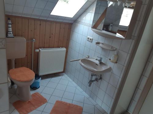 a bathroom with a sink and a toilet and a mirror at Spreewaldpension Glatz in Müschen