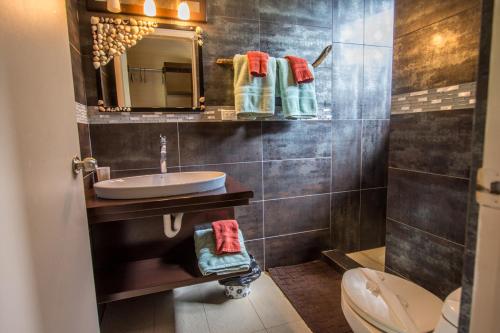 La salle de bains est pourvue d'un lavabo, de toilettes et d'un miroir. dans l'établissement Eden Tica Lodge, à Uvita