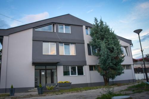 a white and black house with a tree at Vila Oska in Vinica