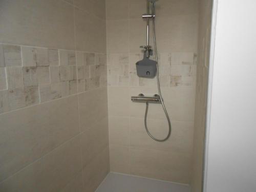 La salle de bains est pourvue d'une douche avec un pommeau de douche. dans l'établissement chambre hôte avec piscine - La Vialatte, à Gaillac