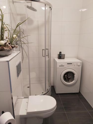 a bathroom with a shower and a washing machine at Apartament-Sweet Night in Lubin
