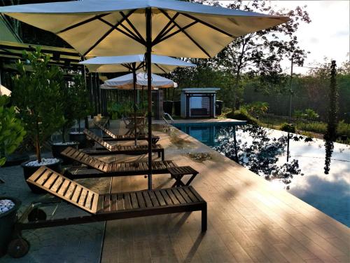 a group of lounge chairs under an umbrella next to a pool at The Rubber Escape, Melaka in Melaka