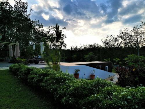 a swimming pool in a yard with bushes and trees at The Rubber Escape, Melaka in Melaka