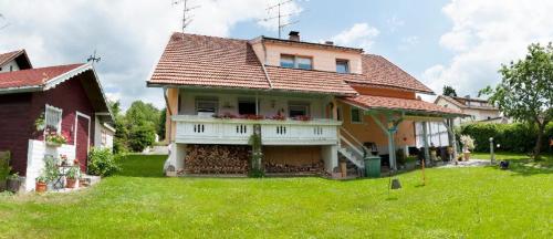 a house with a red roof on a green yard at Ferienwohnung Winterstetter Am Waldglasgarten in Riedlhütte