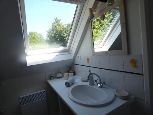 een badkamer met een wastafel, een spiegel en een raam bij Les Petits Matins Bleus - Chambres d'hôtes "Les Pommiers" in Sainte-Marguerite-de-Viette