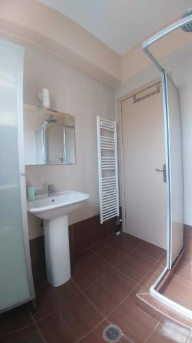 a bathroom with a sink and a shower at Christina Apartment in Derveni