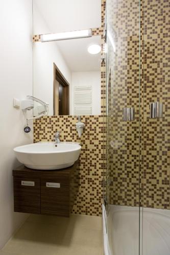 a bathroom with a sink and a shower at Apartament Willa Port "Kaczorek" in Ostróda