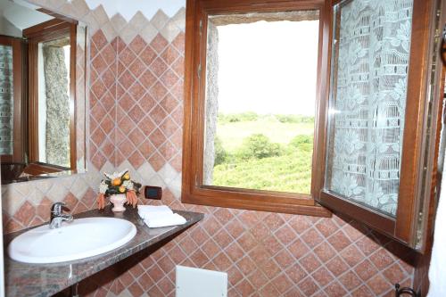 een badkamer met een wastafel en een raam bij Agriturismo Vermentino in Monti