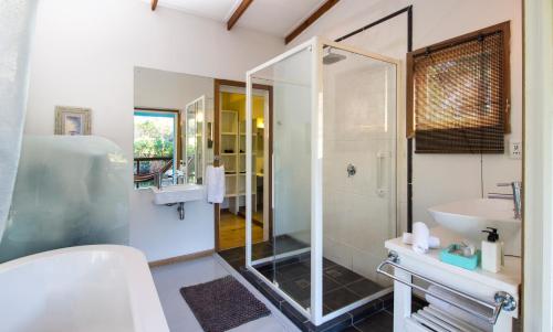 a bathroom with a shower, sink, and toilet at Tsitsikhaya Lodge in Stormsrivier