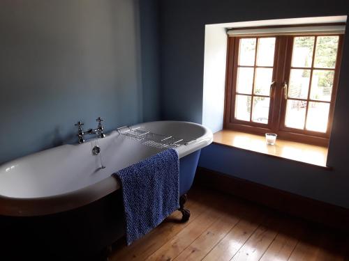 a bath tub in a bathroom with a window at The Granary in Talgarth