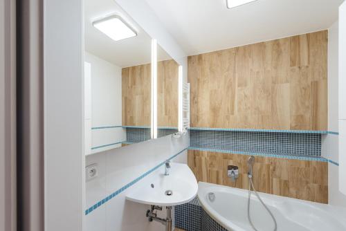 uma casa de banho com um lavatório e um espelho em Apartmán Pod borovicí em Kovalovice