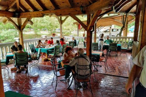 um grupo de pessoas sentadas em mesas em um restaurante em Restoran Filipovic em Nova Varos