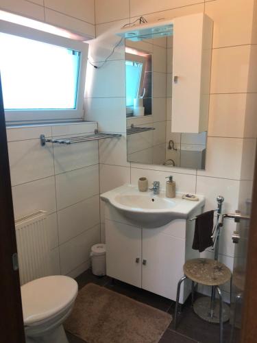 a bathroom with a sink and a toilet and a mirror at Romantik Pearl with free EV Ch-Station in Valbandon