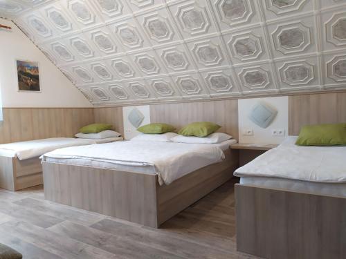 two beds in a room with a coffered ceiling at Apartmány Okoun in Velké Losiny