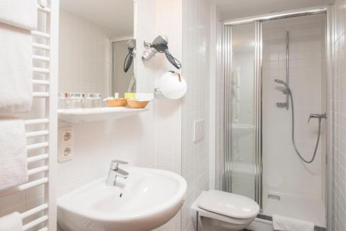 La salle de bains blanche est pourvue d'un lavabo et d'une douche. dans l'établissement Der Ederer, à Weiz