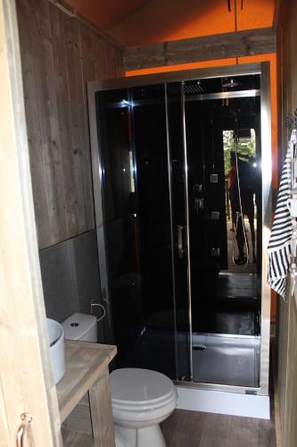 a bathroom with a toilet and a glass shower at Glamping Lac du Causse in Lissac-sur-Couze