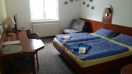 a hotel room with a bed and a desk and a chair at Haus am Sonnenhang in Wasungen