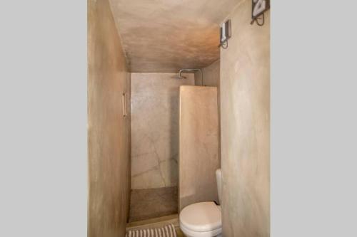 a small bathroom with a toilet and a shower at Lilly's seaview Apartment in Mikonos