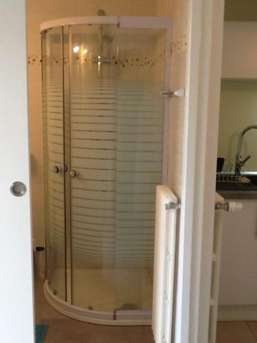 La salle de bains est pourvue d'une douche avec des portes en verre. dans l'établissement Le Clos Doménat 1, à Brive-la-Gaillarde