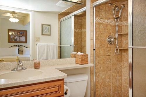 a bathroom with a shower and a sink and a toilet at Cottonwoods 1-D in Aspen