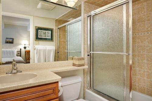 a bathroom with a shower and a toilet and a sink at Cottonwoods 1-D in Aspen