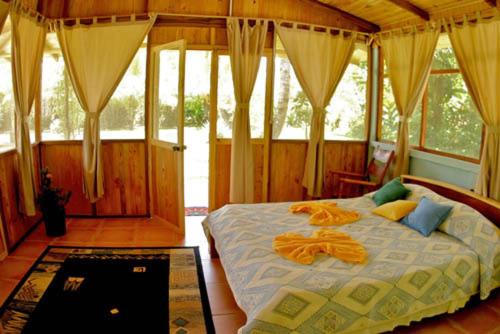 ein Schlafzimmer mit einem Bett in einem Zimmer mit Fenstern in der Unterkunft Turtle Beach Lodge in Tortuguero