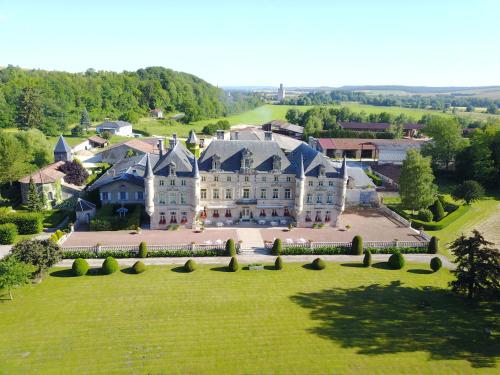 an aerial view of a large house on a green field at Château des Monthairons Hôtel Restaurant GastroMaison Spa privatif in Les Monthairons