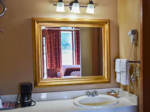 een badkamer met een wastafel en een grote spiegel bij Homeplace Inn in Jacksonville