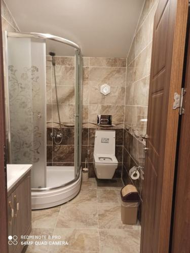 a bathroom with a toilet and a shower at Erkonak Pansiyon in Uzungöl
