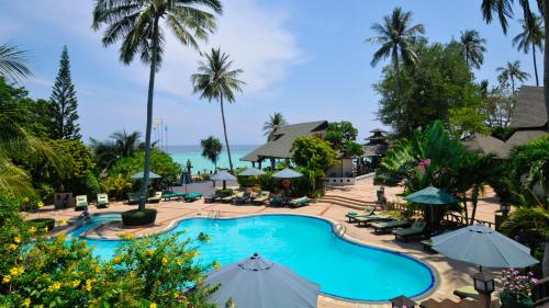 an aerial view of the pool at the resort at Phi Phi Holiday Resort, Leam Tong Beach in Phi Phi Don