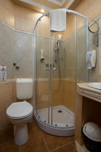 a bathroom with a shower and a toilet and a sink at Illés Hotel in Szeged