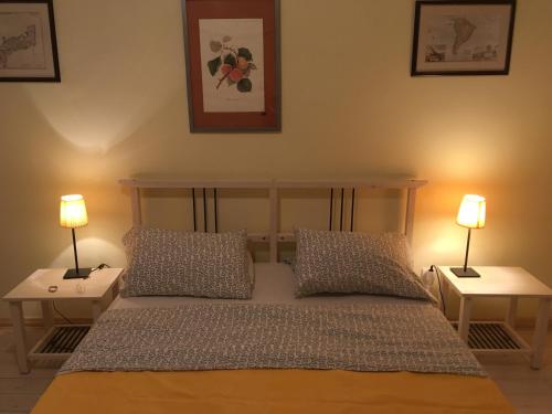 a bedroom with a bed and two lamps on tables at Apartment Tri Kiparisa in Tivat