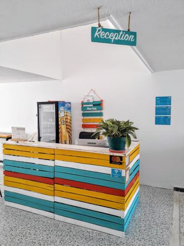 a colorful dresser with a plant on top of it at Bona Vida Hotel in Ríohacha
