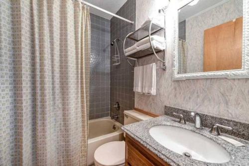 a bathroom with a sink and a toilet and a mirror at Million Dollar Views! 4 Bedroom, Sleeps 9, close to National Park and 5 mi to Gatlinburg! in Gatlinburg