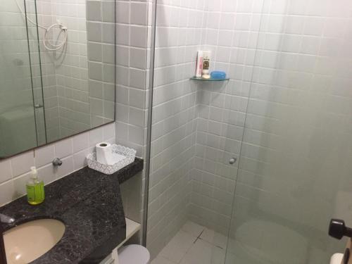 uma casa de banho com um chuveiro, um lavatório e um espelho. em Flat Monte Castelo - Gravatá em Bezerros