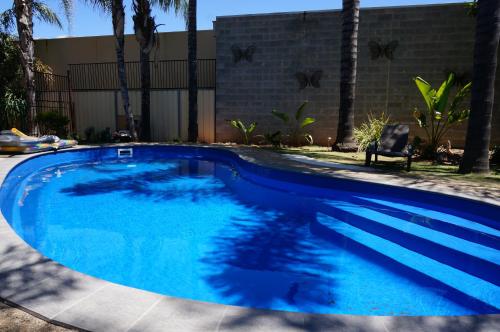 a blue swimming pool with a chair and palm trees at Mid City Plantation Motel in Mildura