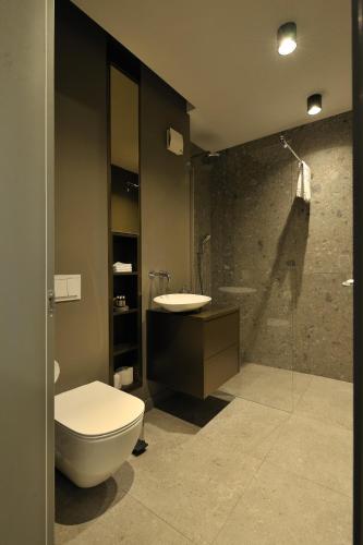 a bathroom with a toilet and a sink and a shower at Sofia Apartments in Cluj-Napoca